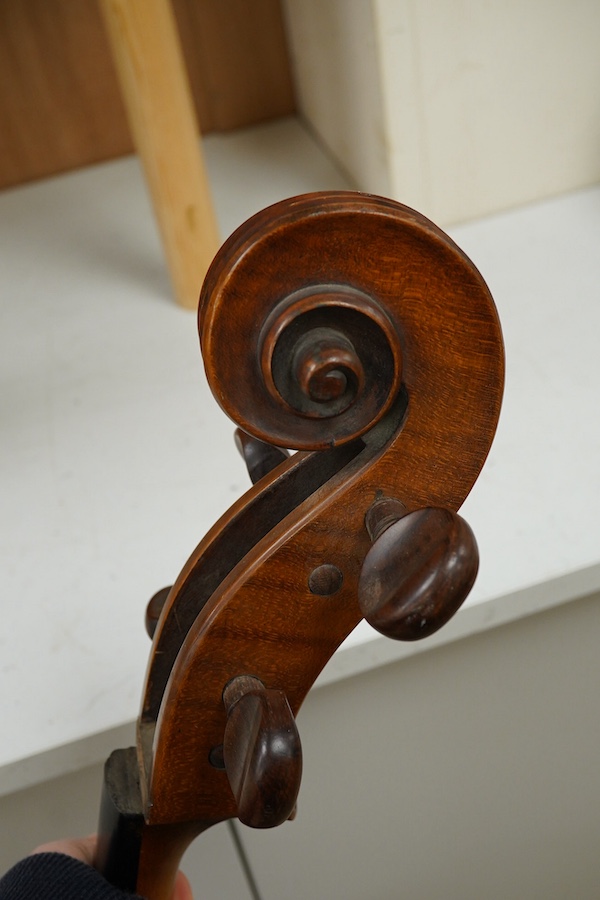 An early 19th century English cello for restoration, body length 74.5cm, together with an ebonised wood W.E. Hill & Sons case. Condition - poor to fair.